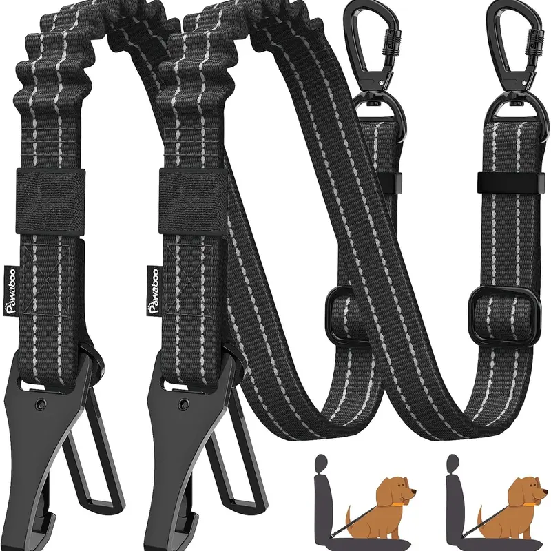 Pawaboo 2-Pack Black Dog Car Safety Harnesses, 3-in-1 Elastic Bungee Woven Strap Tether with Secure Buckle & Hook Latch, Adjustable Reflective Leash for Small/Medium/Large Dogs with 360° Lockable Buckle