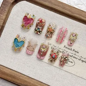 Sailor Moon Inspired Press On Nails 3D Heart & Wand Charms Pink Glitter Handmade Luxury Fake Nail Tips