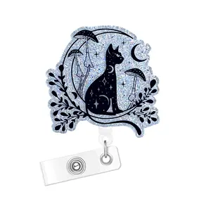 1PC Acrylic Cat and Moon Badge Scroll ID Holder with Crocodile Clip, Stretchable Design for Nurses Doctors Students Office Workers
