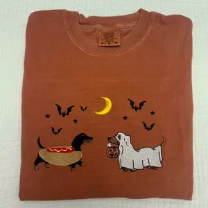 Halloween brown and black dachshunds and brown dachshund Halloween doggie embroidered SHORT SLEEVE TEE comfort colors spooky season Halloween
