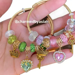 Princess Tiana Charm Bangle Bracelet with Crown Key and Heart Charms in Gold and Pink Colors
