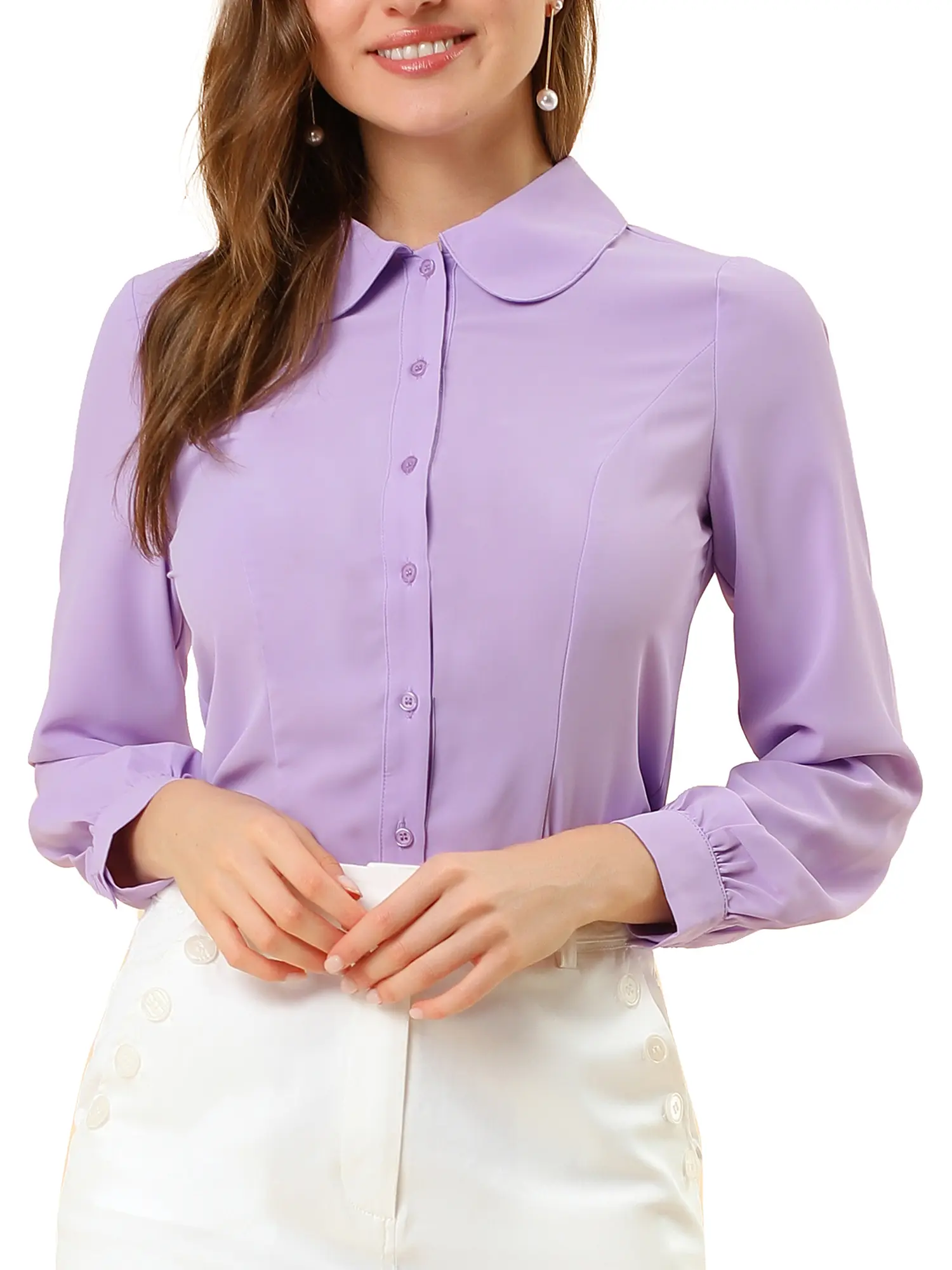 INSPIRE CHIC Women's Peter Pan Collar Blouse Business Casual Long Sleeve Button Down Work Shirts