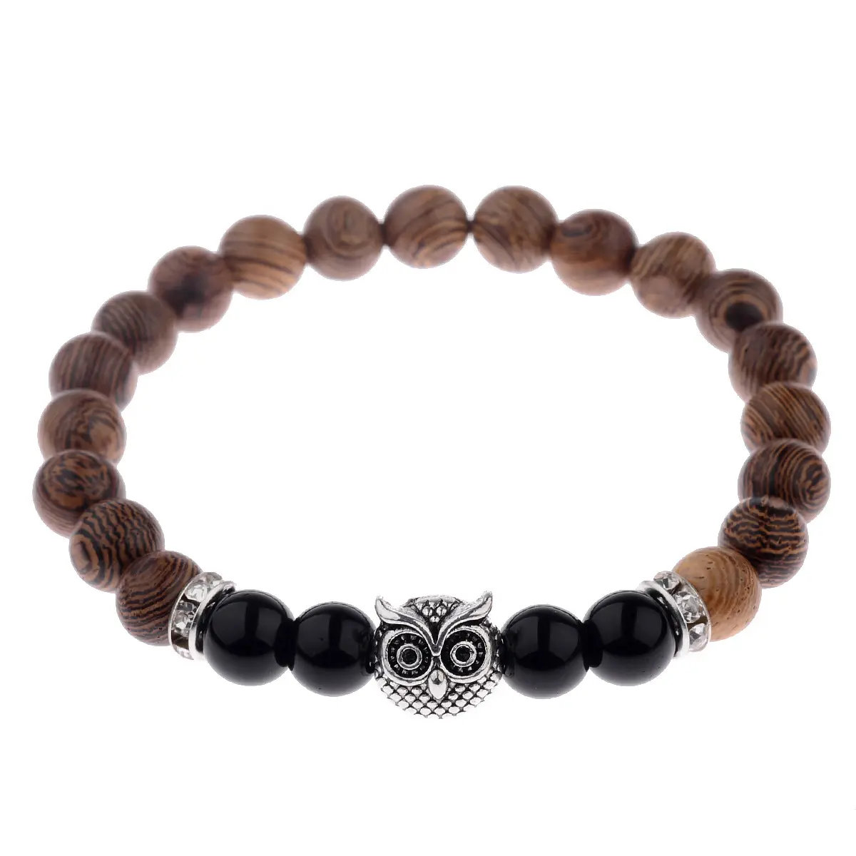 Bracelet with Exotic Owl Bird Charm, Frosted Stone & Wood Grain Beads, Black & Silver Alloy Lifeline Design, Birds, Unisex, Owl Charm, Daily Wear, Silver17cm