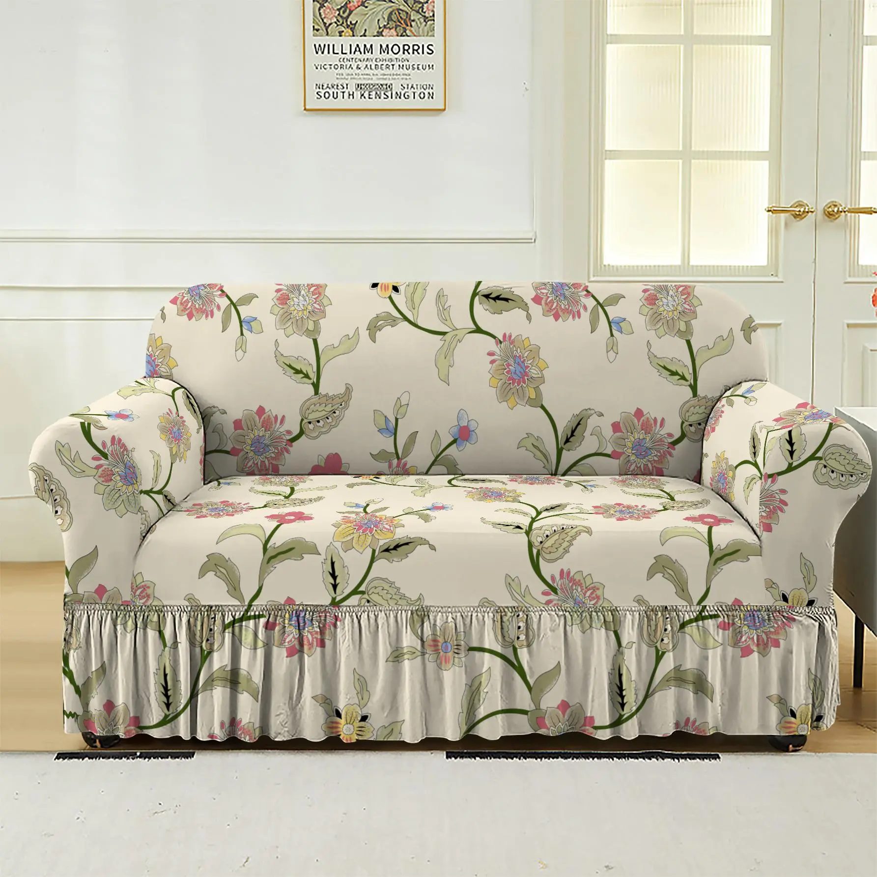 Floral Print Stretchable Sofa Cover, 1 Count Sofa Slipcover with Skirt, Elastic Sofa Slipcover, Couch Covers for Sofa, Dustproof Couch Protector for Home Living Room, Sofa Protector for Home Living Room