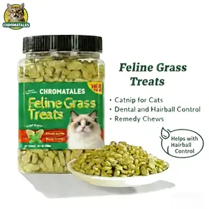 CHROMATALES Cat Grass Treats 13.4oz – Salmon Flavor Cat Snacks with Catnip, Hairball Control & Dental Support, Crunchy Training Treats for Cats