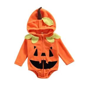 Ma&Baby Infant Baby Boy Girl Halloween Outfit Pumpkin Costume Hoodie Sweatshirt Romper Long Sleeve Hooded Bodysuit Cute Fall Clothes