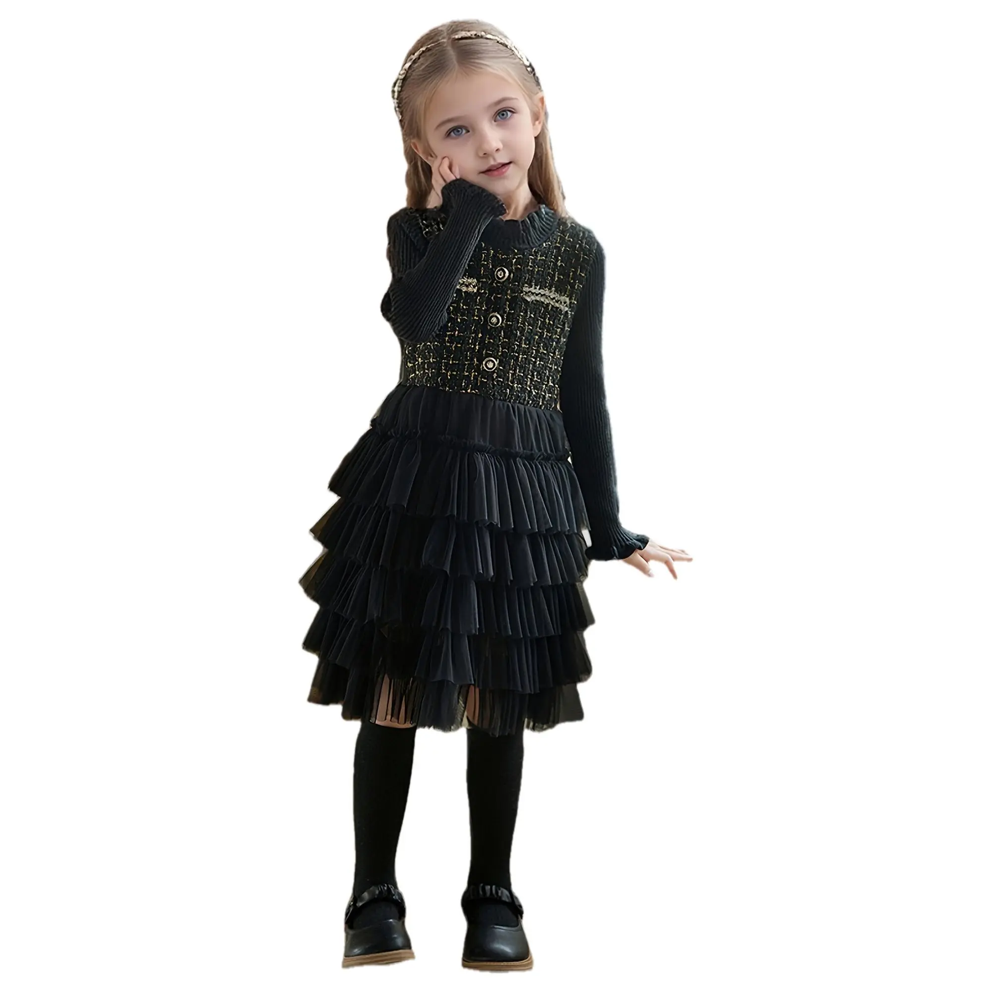 Girls' Elegant Solid Black Long Sleeve Polyester Knit Formal Sweater Dress with Flutter Cuffs, 11-12Y Middle-Older Kids Party Attire, Christmas Gift Option