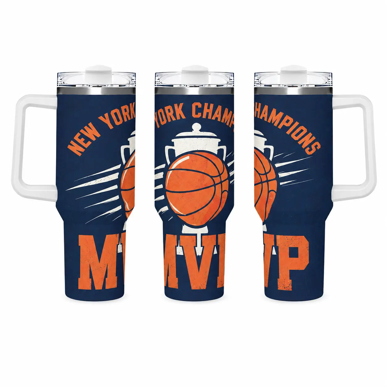 40oz Handle Insulated Portable Travel Tumbler - 18/8 Stainless Steel Water Bottle, Dark Navy Vintage Distressed NYC Champions Basketball Trophy MVP Full Wrap Print, Leak-Proof Straw Mug, 24H Cold 12H Hot BPA-Free Gift for Men, Water Bottles