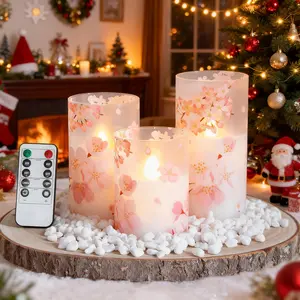Flameless Flickering Plastic Candles With Remote And Timer, 3 Pack 3 X 4, 5, 6 Inches, Pink Flowers LED Battery Operated Real Wax, Realistic Wick Electric Pillar Candles With Warm Fire, Mother's Day Gift