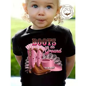 Summer Girl's 100% Cotton "Boots On The Ground" Alphabet Cartoon Cowboy Hat And Boots Print T-Shirt Comfortable And Casual Round NeckShort Sleeved Shirt for Suitable for Both Boys And Girls