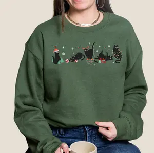 Gildan Merry Christmas Funny Black Cat Tee, Meowy Xmas Kitten Cute Sweaters, Black Cat Cheistmas, Crewneck Casual Hoodie Cat Lover Gift Comfort Cotton