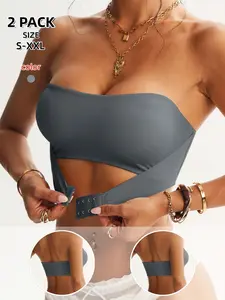 Women's Solid Color Front Closure Strapless Bandeau Bralette with Removable Straps, Medium Support for All Seasons, Available in Classic Colors for Various Occasions,2Pack/3Pack Wirefree Bra