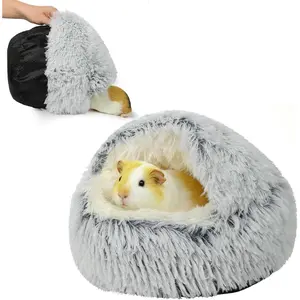 Washable Doughnut Guinea Pig Hideout Bed with Hooded Cover, Round Grey Cave Bed for Small Animals like Hamster Rabbit Bunny