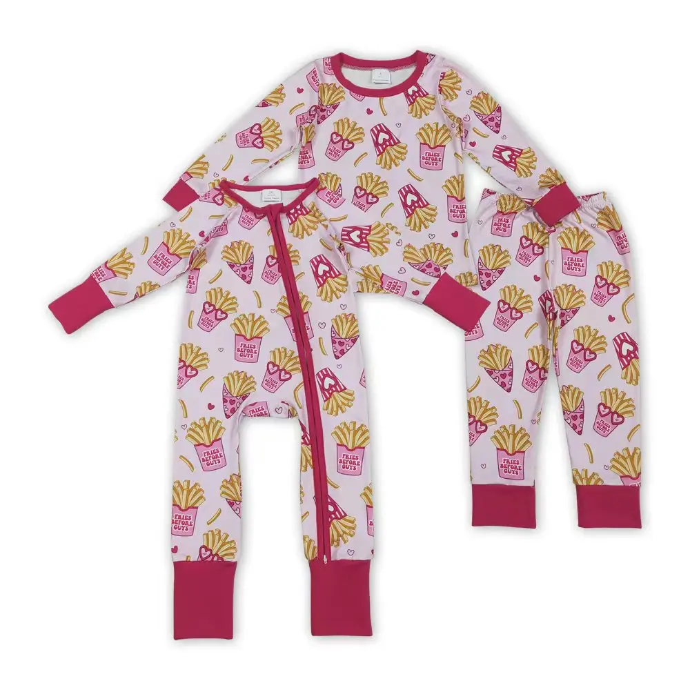Girls' Valentine's Day Long-Sleeve Sleepwear Set - Adorable French Fry Themed 2-Piece PJs + Baby Romper, Ideal for Valentine's Day, Cute Themed Loungewear for Toddler Girls, 3T, 2T, Adorable Theme