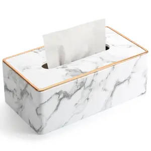 KINGFOM Rectangular PU Leather Tissue Box Holder Facial Tissue Case Napkin Dispenser for Home Office Car Automotive Decoration with Gold Line(Gray Marble)