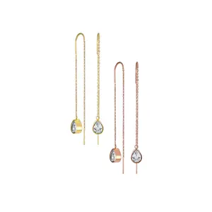 Set of 2 Long Wire Hook CZ Teardrop Threader Earrings Rose Gold Plated Steel