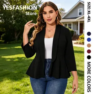 YESFASHION Plus Size Peplum Blazer Jacket | Open Front 3/4 Sleeve Cardigan, 95% Polyester 5% Spandex
