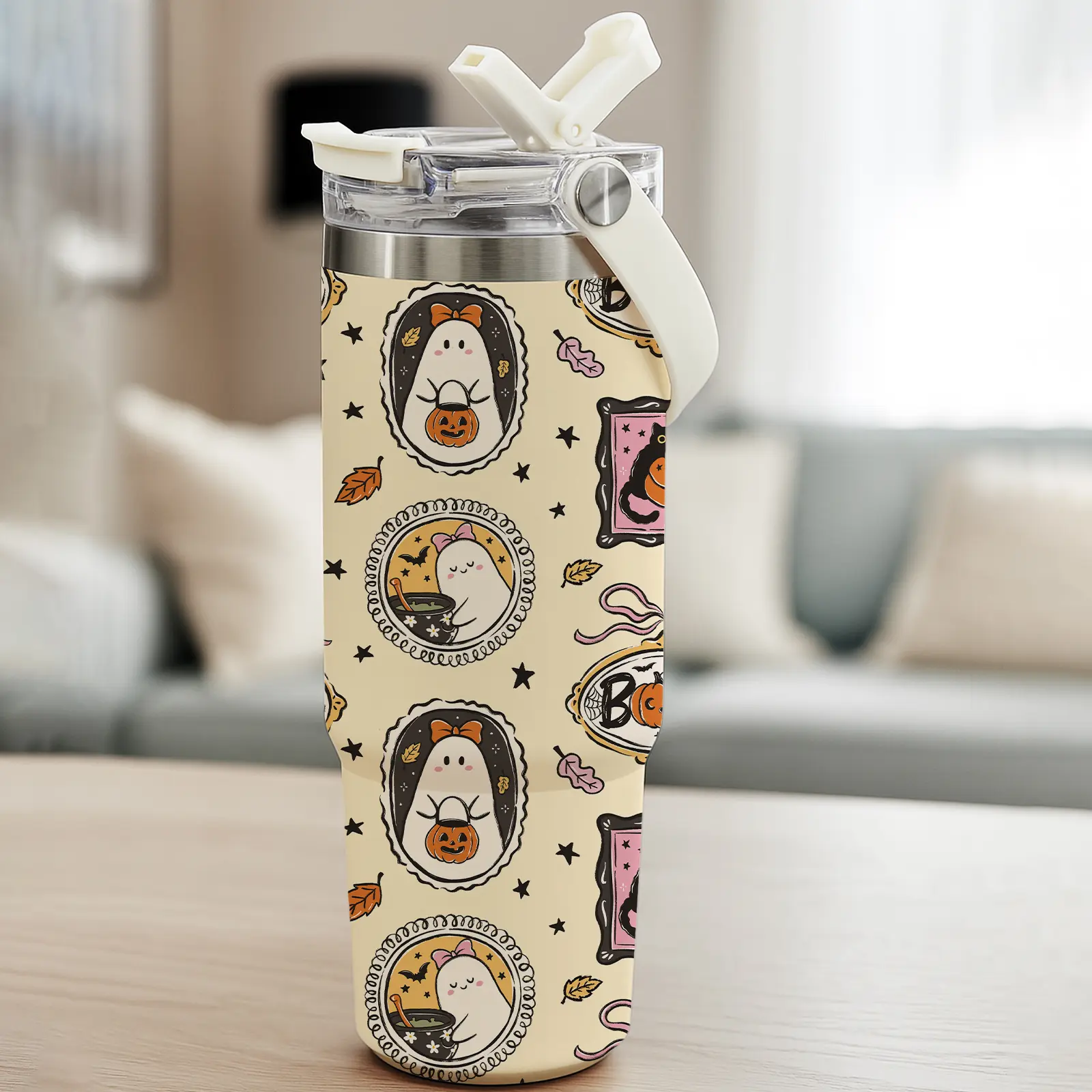 1pc 30oz Stainless Steel Tumbler with Lid and Straw, Halloween Ghost and Pumpkin Design, Double Wall Vacuum Insulated Mug, Keep Hot 12H/Cold 24H, Reusable Travel Thermal Cup for Outdoor, Office, Car, Insulated Travel Drinkware, Insulated Water Cup