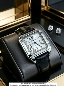 Luxury Men's Square Quartz Watch, Stainless Steel Case, Leather Strap, Roman Numerals, Date Window, Waterproof, Business Casual