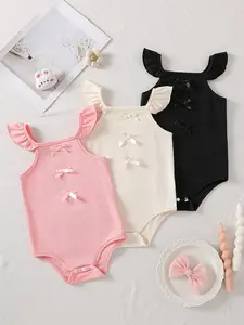 Cute and sweet summer jumpsuit for girls, Baby girl clothes, with multiple bow ties, the jumpsuit features flying sleeves and a three-dimensional bow and lotus leaf shoulder strap, Valentine's Day and birthday gift for girls
