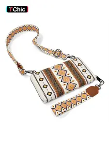 Women's Crossbody Shoulder Bag Wristlet Western Wallet with Credit Card Slots & Wristlet Strap, Geometric Pattern Design, All-Seasons Use, Adjustable Crossbody Bag