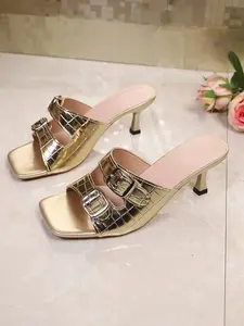 Women's Square Toe High Heel Sandals, Crocodile Pattern Double Buckle Flip Flops, Summer New Outdoor Shoes, Dressy Sandals, Fashionable Comfortable Footwear