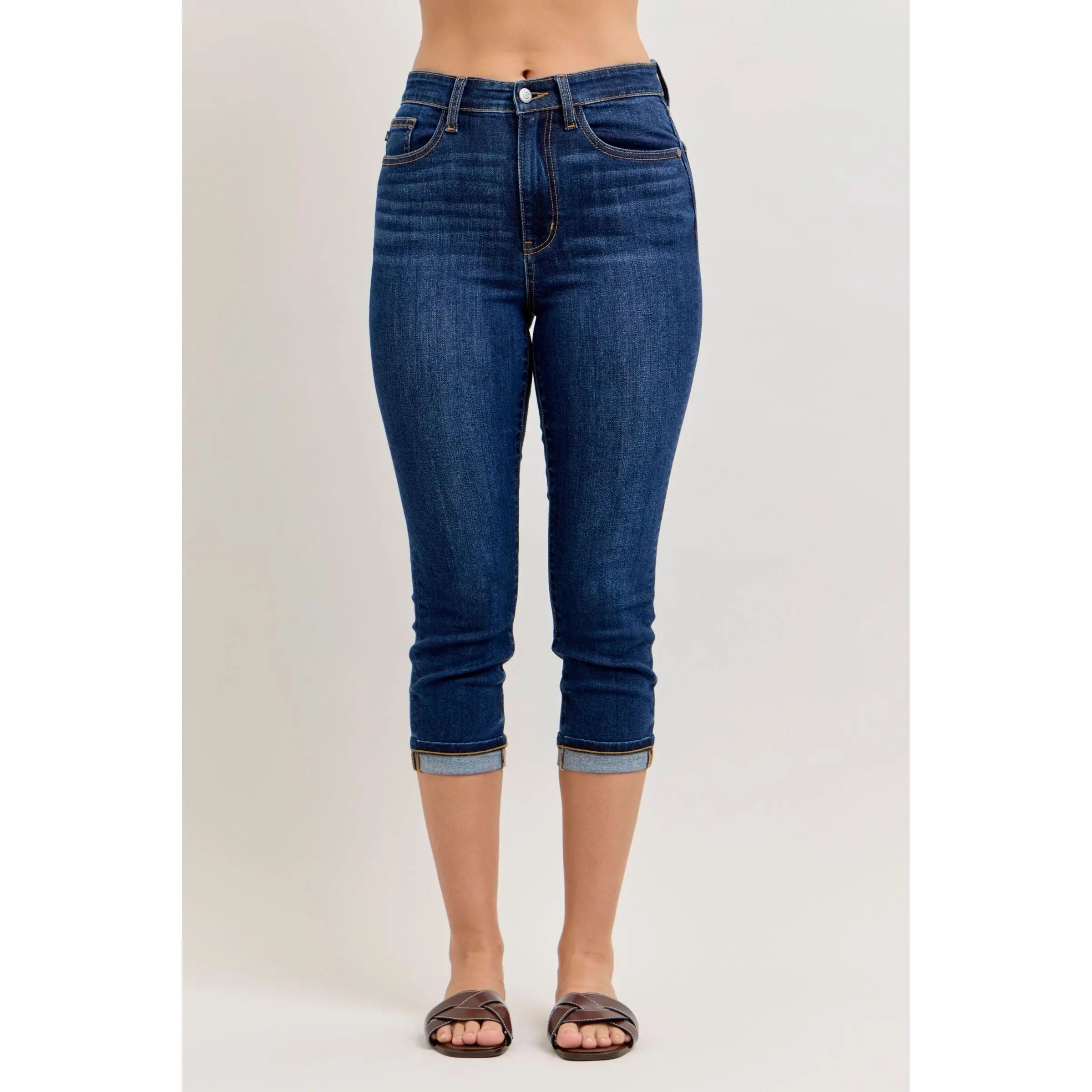 Judy Blue Dark Wash High Waist Capri Jeans for Women, Non-Distressed Stretch Cotton Denim with a Single Cuff Hem, Bottom