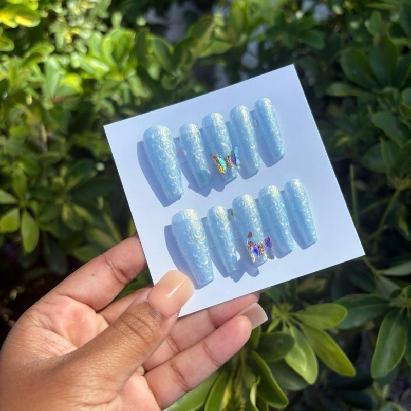 Blues N’ Butterflies Large Gel Press on Set Long Coffin Iridescent Blue Press on Nails Handmade Blue Butterfly Charm Nails