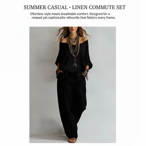 Women's 2-Piece  Set, Summer New Casual Elegant Commuting Outfit with Loose 7-Quarter-Sleeved Top and Wide-Leg Pants