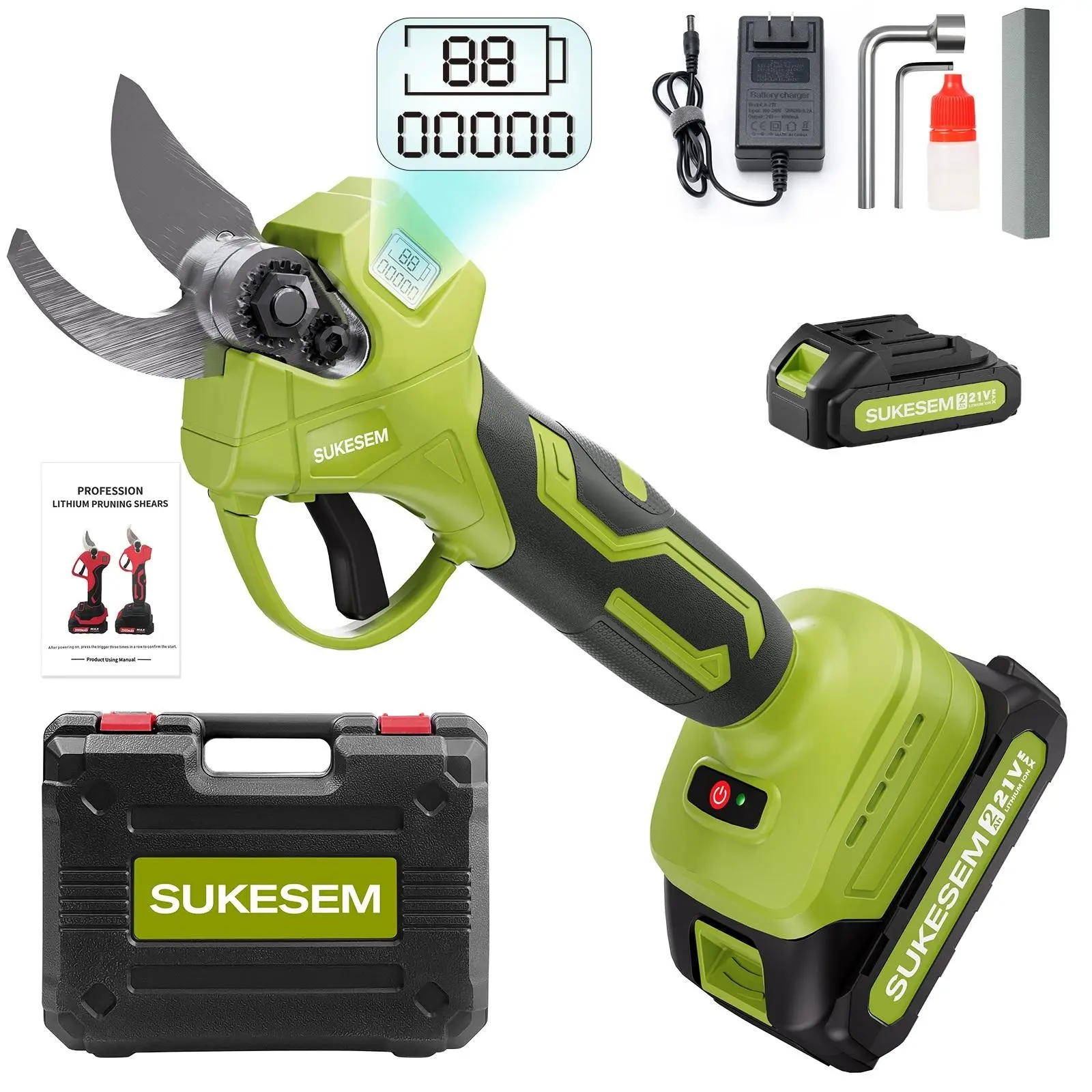 SUKESEM Cordless Electric Pruning Shears, 21V Battery-Powered Heavy-Duty 1.35in Branch Cutter with LCD Display, Garden Tools for Tree Trimming, Branch Pruning Tasks，Garden Pruning Tool