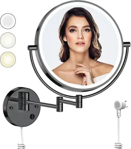 Rocollos 9" Plug-in Wall Mounted Lighted Makeup Mirror 1X/10X Magnification Super Large Double Sided LED Vanity Mirror for Bathroom Black with 3 Color Lighting & Adjustable Brightness