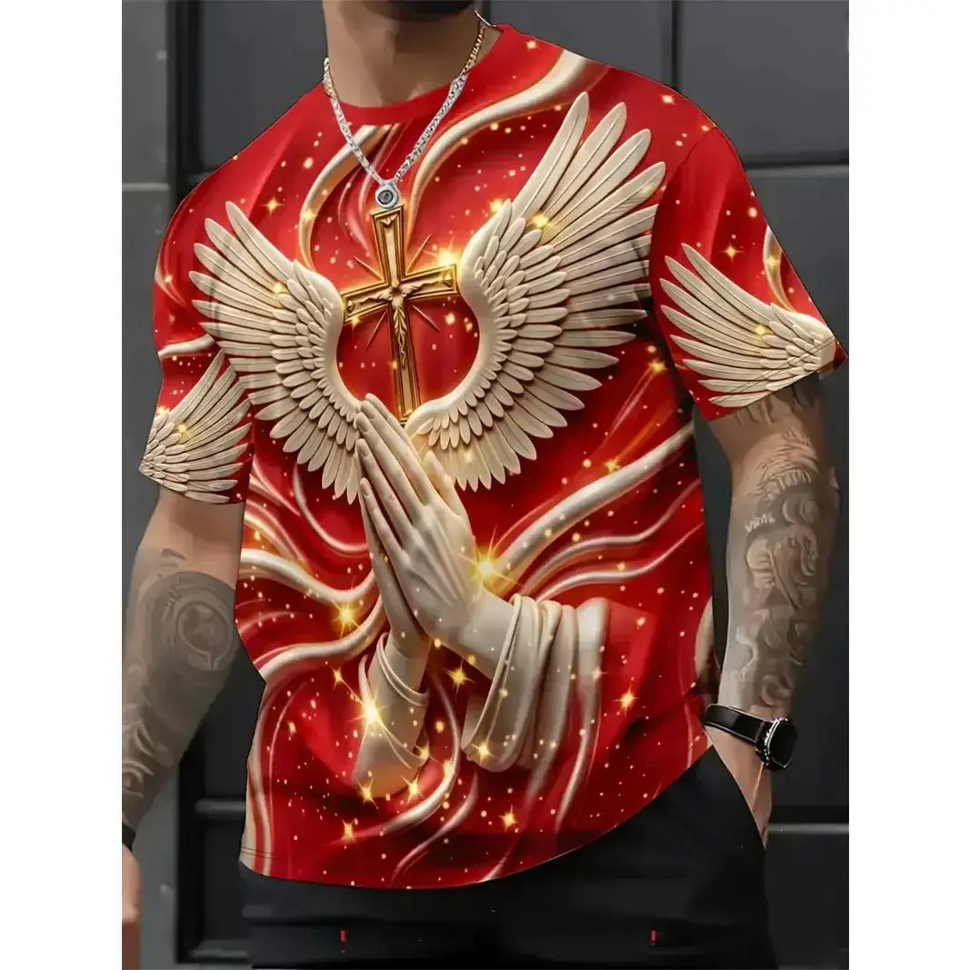 Religious Prayer Angel Wings Cross 3D Graphic T-Shirt, Christian Faith Print Tee, Round Neck Short Sleeve Slim Fit Summer Casual Shirt