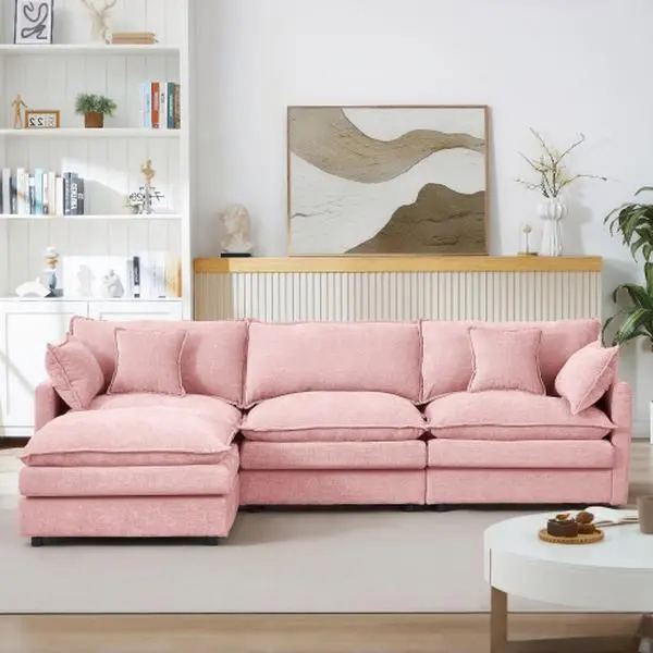 Pink L-Shaped Sectional Couch - 3-Piece Divideable Modular Sectional Couch Set with Fixed Arms, 2-Layer Upholstered Seat Cushions, Adjustable Removable Footrest Ottoman, DIY Combo, 102x59x35in, 165lbs, Assembly Required for Living Room