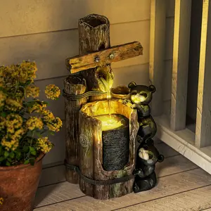 22.8 in 3-Tier Bear-on-Log Resin Outdoor Cascading Water Fountain with LED Lights, Adjustable Flow Pump, IP44 Weather-Resistant Fade-Proof Nature-Inspired Decor for Backyard, Patio
