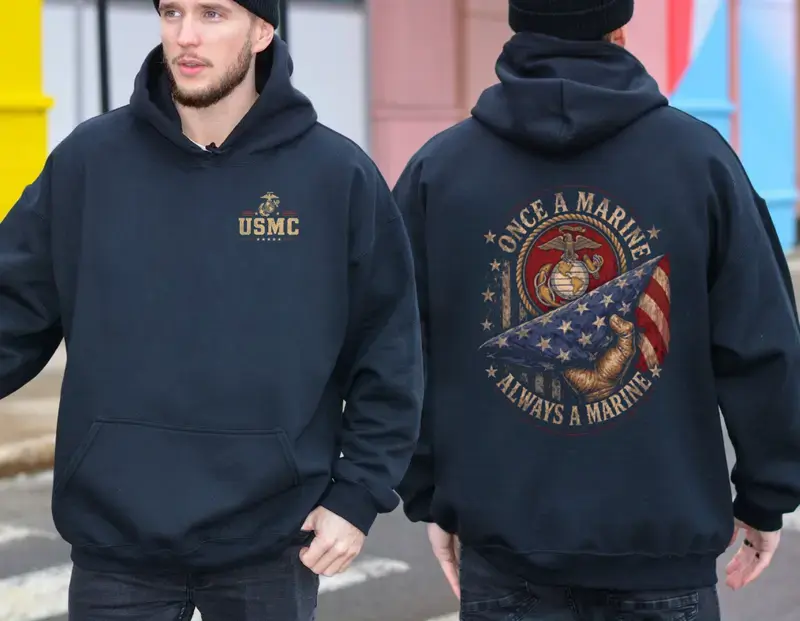 Once a Marine Always a Marine Hoodie, USMC Veteran Patriotic Graphic Hoodie, American Flag Military Pride Sweatshirt, Veteran Appreciation Gift