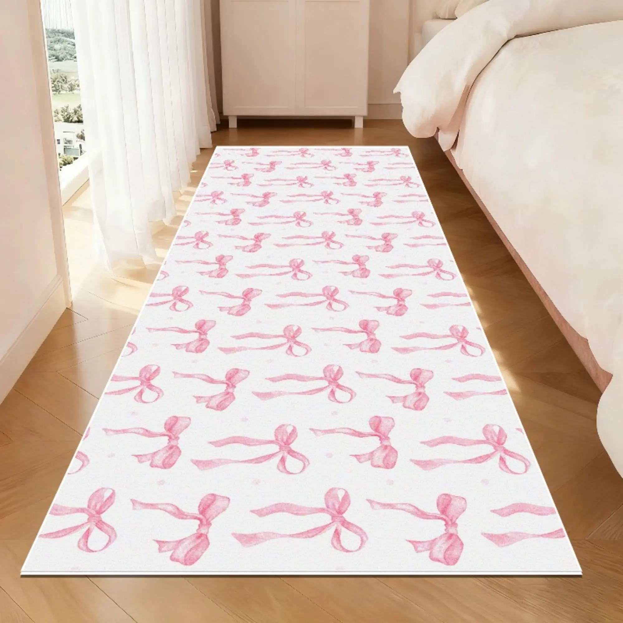 Sweet Bow Print Long Carpet Mat, soft area rug, Modern Cream Style Soft Washable Plush Rug, Home Decorative Rugs for Living Room Bedroom Sofa Tea Table Entrance Hallway Office Desk