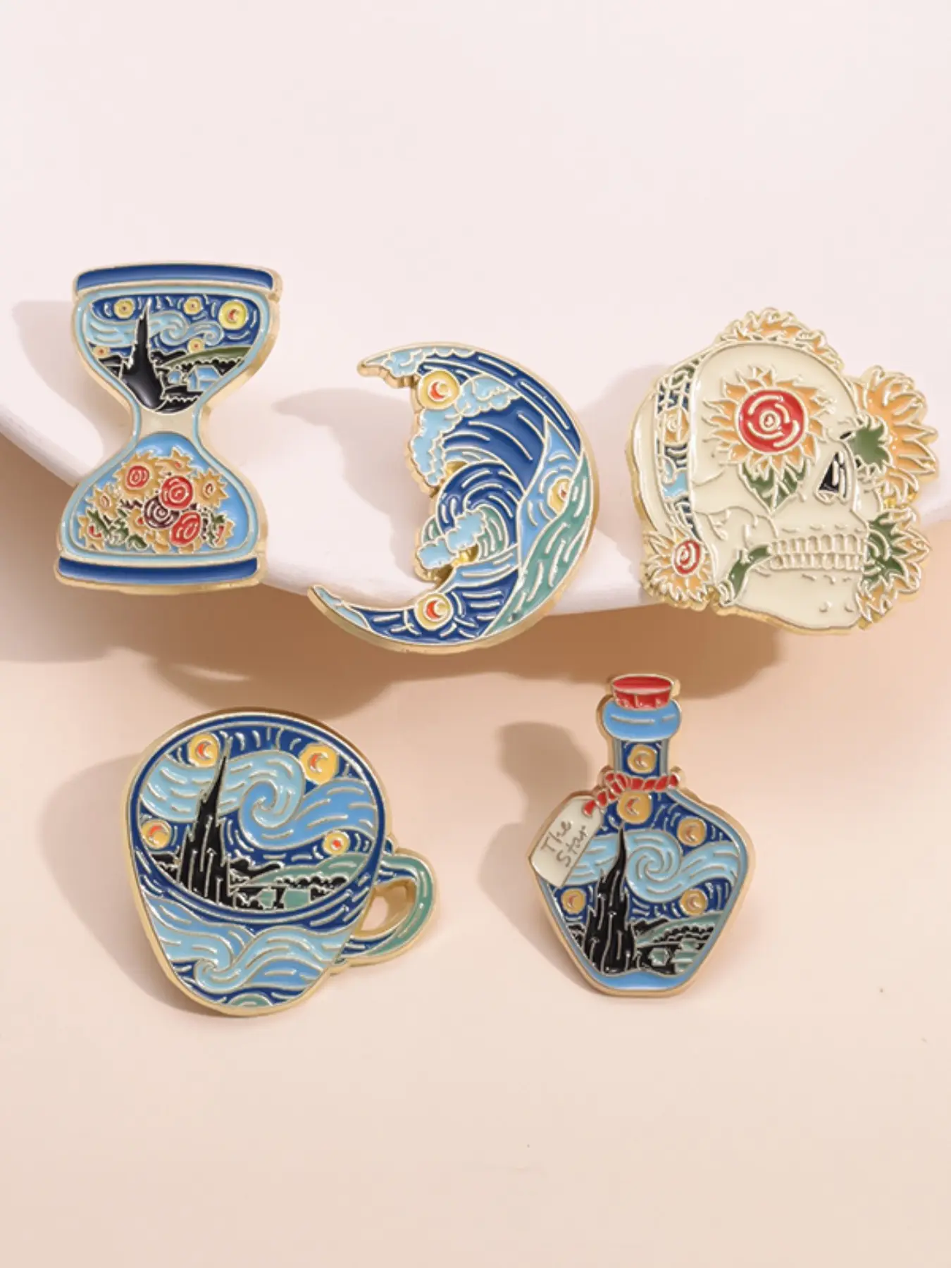 5 Piece Van Gogh Starry Night Sunflower Hokusai Wave Enamel Lapel Pins, Collectible Pins, Clip, Moon Crescent Design for Backpack Jacket Decor Gift for Art Lovers Collectors Vintage Brooch Set
