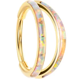 20G 5/16 Synthetic Opal Gold Tone Implant Titanium Hinged Double Hoop Nose Ring