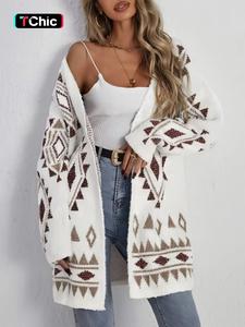 womenswear geometric print drop shoulder cardigan, lady casual long sleeve open front knitwear for fall & winter, fashion ladies' knit clothing for daily wear, cardigan for women
