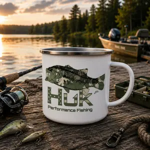 Fishing Campfire Cup, Fishing Cup, Outdoor Mug for Camping Hiking Lake Life, Lightweight Durable Metal Mug, Rustic Camp Cup with Stainless Steel Rim, Portable Travel Mug, Gift for Fisherman Outdoor Lover