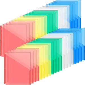 50 Pack 3 Hole Punch Clear Plastic Binder Pockets, Letter Size 8.5x11 Inch Document Folders Binder Organizer, Slash File Jacket Paper Folders for Office, Fresh Color