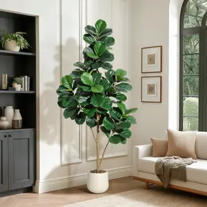 6FT Fiddle Leaf Fig Tree Artificial with 108 Leaves - Realistic Faux Ficus Lyrata Trees in 9" White Planter Pot, Indoor Fake Floor Plants for Home Office Living Room Decor, Housewarming Gift Decorative Fruit Matte Minimalist Pack Set Ornaments Wood