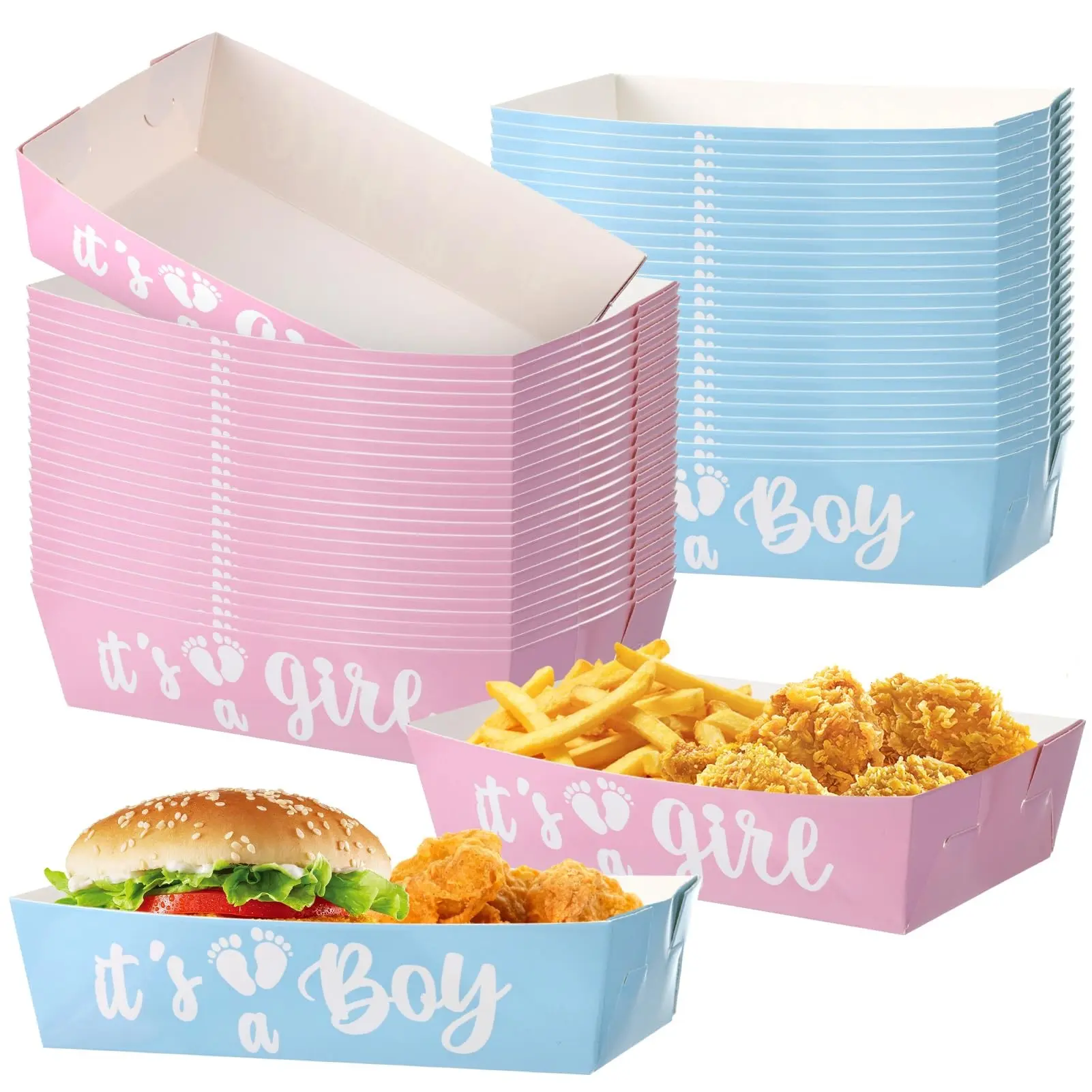 40Pcs Gender Reveal Food Boats, Disposable Party Trays, Party Plates, Boy or Girl Paper Serving Trays, and Blue Snacks, Hot Dogs, Popcorn, Picnic, Disposable Tableware