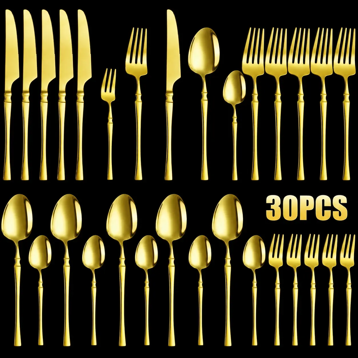 30Pcs -Gold Stainless Steel Flatware Set, No Gift Box, Packed in Regular Box, Knife Fork Spoon