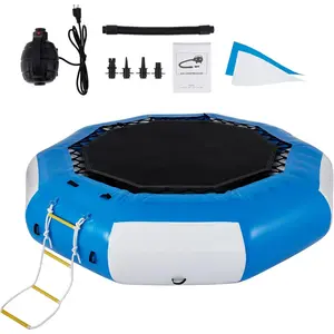 VEVOR Inflatable Water Trampoline, 10ft Recreational Water Bouncer with Escalator, Round Inflatable Water Trampoline in Blue and White, Floating Trampoline for Lakes, Pools, Calm Sea