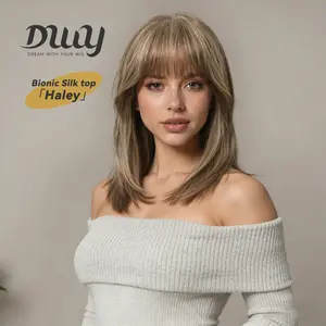 Haley -DWY New Technology! Bionic Silk Top 16-Inch Long Wave Light Tea Brown Glueless Synthetic Wig with Bangs for Women High-Quality Premium Fiber Easy Wear Comfortable Fit