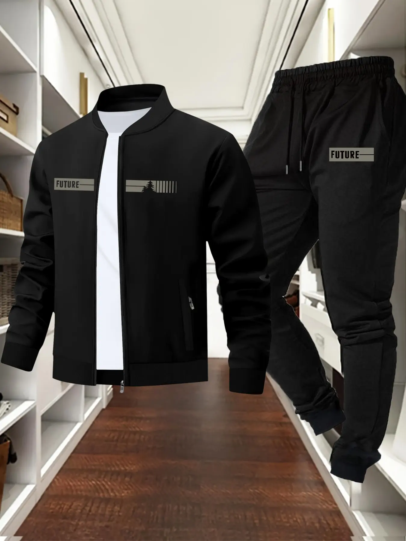Men's Fall Winter Casual Fitted Stand Collar Long Sleeve Jacket Long Pants Set, 2-Piece Letter Pattern Print Business Style Outdoor Sports Coat + Drawstring Pants Matching Outfits Set