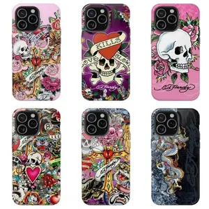 Pink Ed Hardy Skull Leopard Tattoo  Aesthetic Y2k Trendy Tiger Ed Hardy Collage Phone Case Suitable for iPhone 17-11 Pro Max/Plus and  Samsung Galaxy S23-25