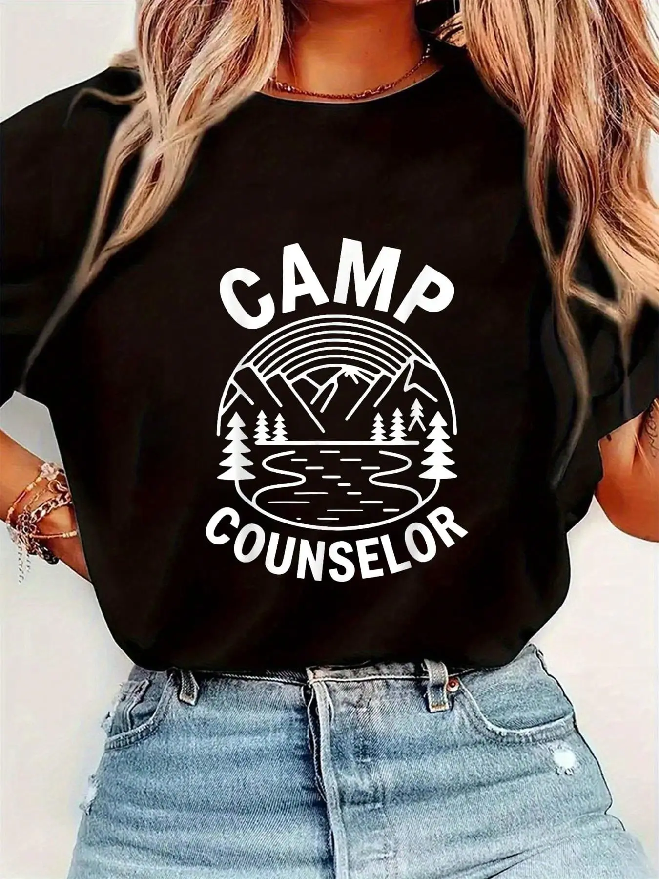 Camp Counselor Shirt Camper Summer Camping Staff T-Shirt Womens Round Neck Short Sleeve T-Shirt Fashion Graphic Tees Wom