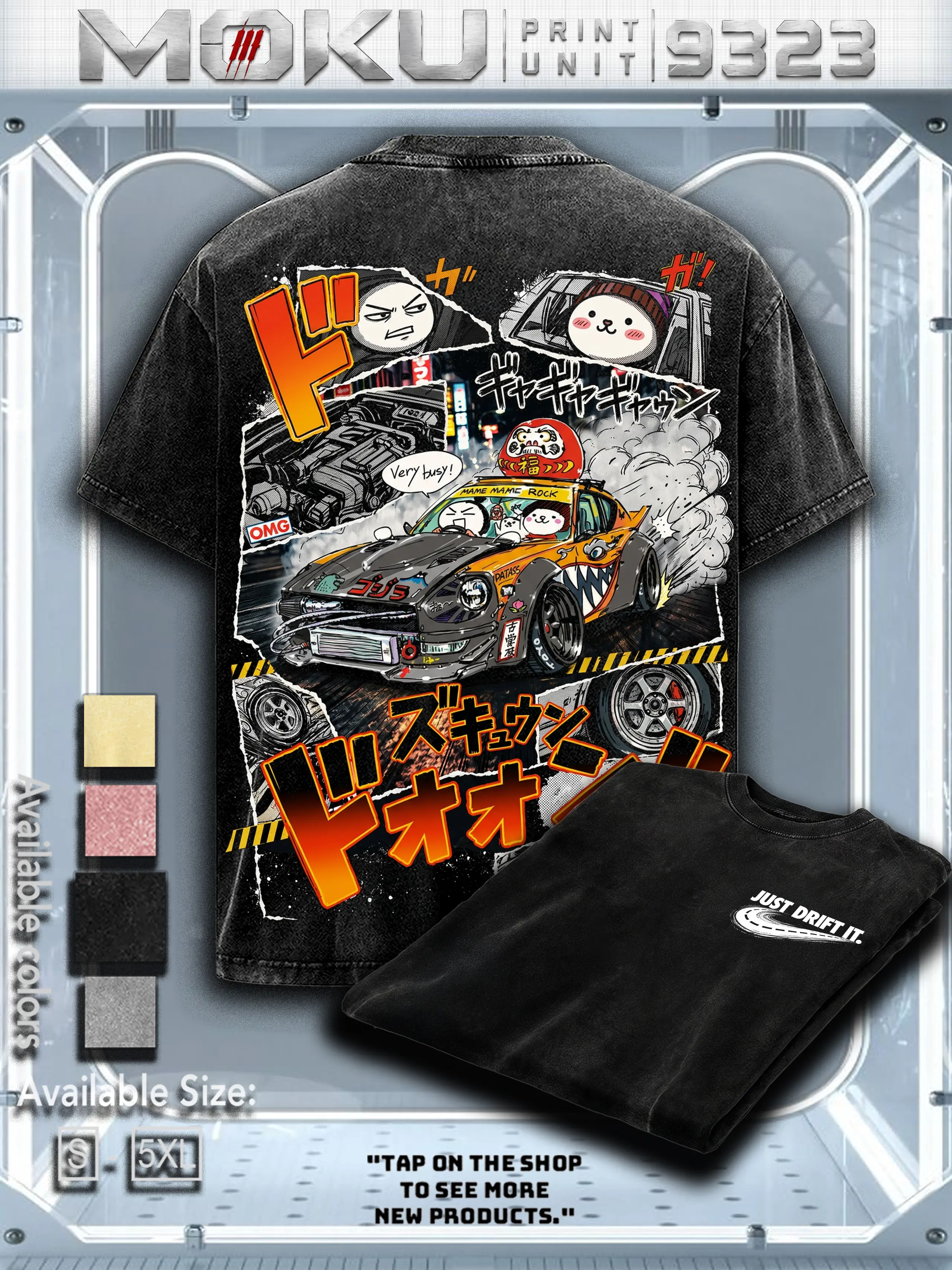 Just Drift It Premium Acid Wash Vintage Washed Heavyweight Cotton Oversized Graphic T-Shirt Manga Drift Car Artwork Performance Engine Smoke Drift Marks Japanese Street Racing Streetwear High Quality Unisex Gift 20260721-029